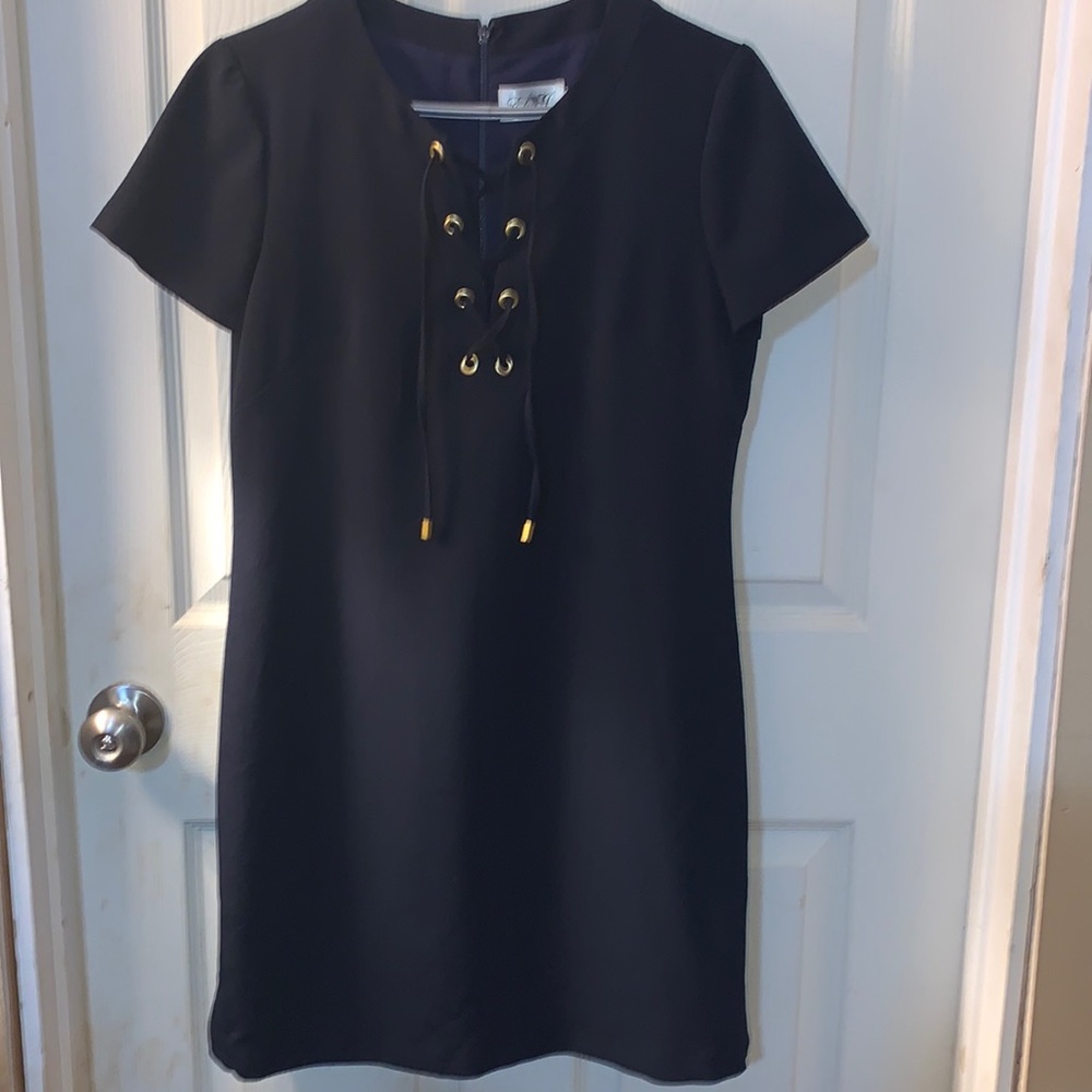 Eliza J, Black lace up, short sleeve dress. Size 12P
